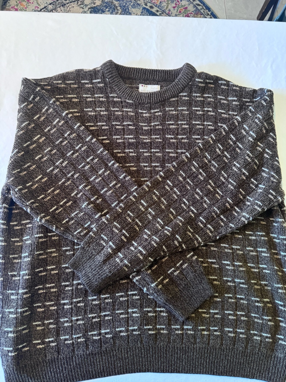 Natural Issue Men's Brown Cable-Knit Crew Neck Geometric Pullover Sweater XL